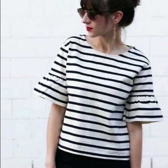 J. Crew Tops - JCREW navy ivory striped bell sleeve top size xs